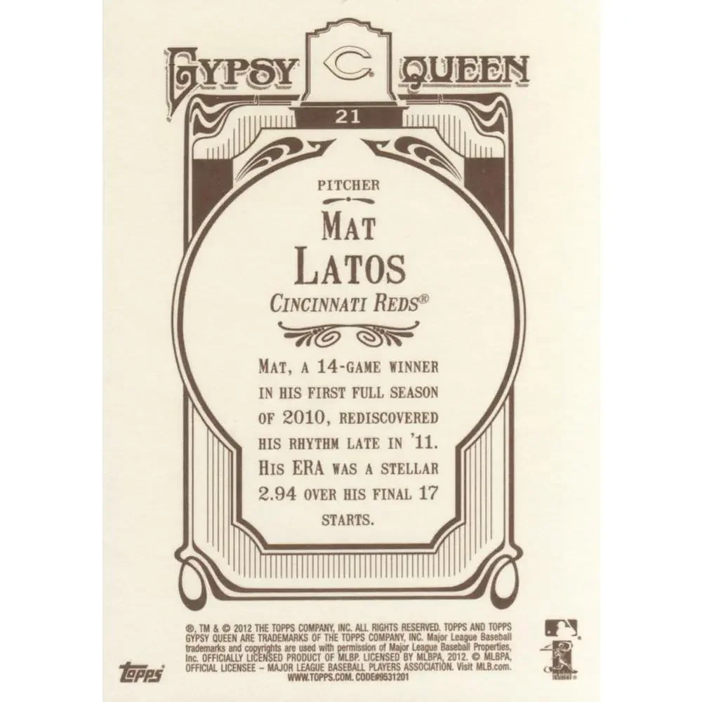 2012 Topps Gypsy Queen Mat Latos # 21 Cincinnati Reds